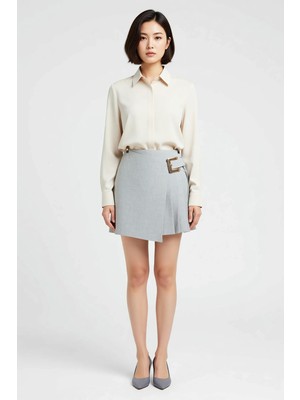 Benerly Kadın Büyük Beden Mini Şort Etek Bel Kemer Tokalı Pileli Dokuma Polyester Casual Rahat Günlük Modern