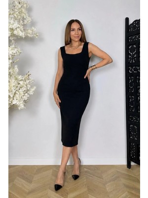 Ges Moda G1831 Kare Yaka Kalem Elbise Siyah