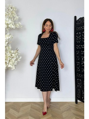 Ges Moda G1841 Kare Yaka Puantiyeli Kloş Elbise Siyah