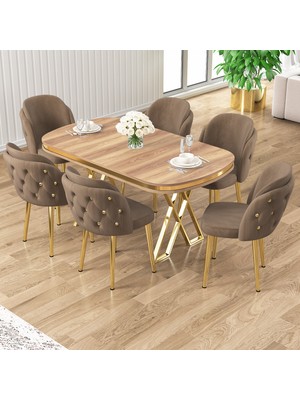 Canisa Zae Serisi 90X168 Lak Panel Hazar Gold Ayak Masa Takımı 6 Sandalye