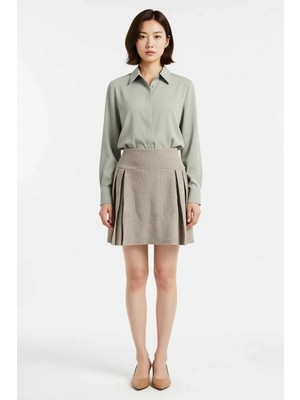 Benerly Kadın Büyük Beden Piliseli Mini Etek Ekose Dokuma Polyester Viskoz Karışım Rahat Kesim Günlük Modern