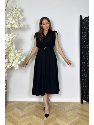 Ges Moda G1836 Omuz Detaylı Gömlek Elbise Siyah