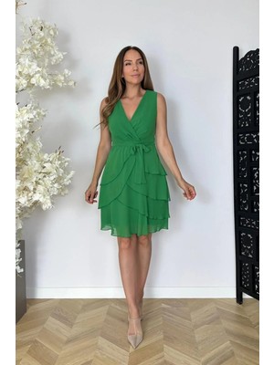 Ges Moda G1843 Eteği Katlı Kolsuz Şifon Elbise Yeşil
