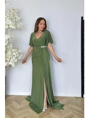Ges Moda G1813 Taş ve Drape Detaylı Maksi Abiye Elbise Yeşil
