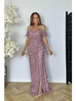 Ges Moda G1853 Madonna Yaka Payet Maksi Abiye Elbise Rose