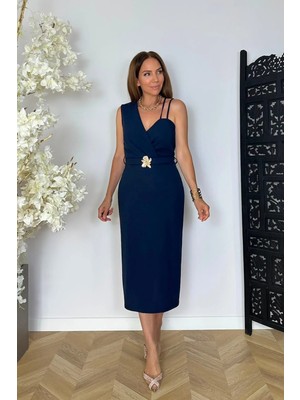Ges Moda G1863 Broş Detaylı Askılı Abiye Elbise Lacivert