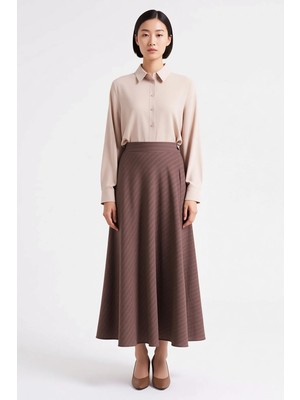 Benerly Kadın A-Line Maxi Etek Çizgili Dokuma Kumaş Beli Lastikli Astarsız Günlük Rahat Kesim Modern Şık