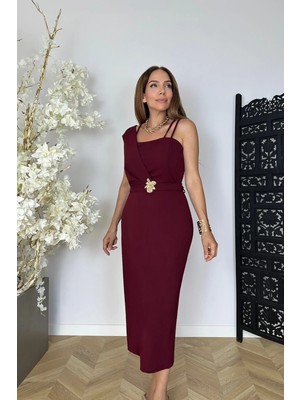 Ges Moda G1863 Broş Detaylı Askılı Abiye Elbise Bordo
