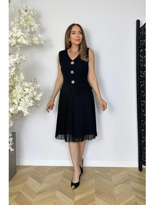Ges Moda G1817 Eteği Piliseli Düğme Detaylı Elbise Siyah