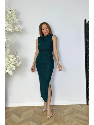 Ges Moda G1816 Drape Detaylı Simli Abiye Elbise Zümrüt