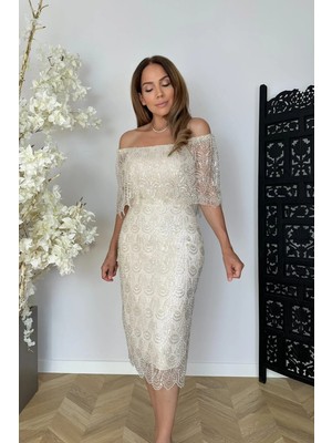 Ges Moda G1862 Payet ve Inci Işlemeli Tasarım Abiye Elbise Krem
