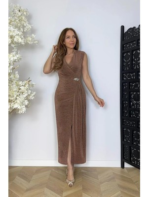 Ges Moda G1760 Taş Detaylı Kolsuz Abiye Elbise Bronz