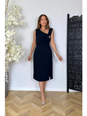 Ges Moda G1858 Yaka Detaylı Kalem Elbise Lacivert