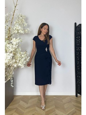 Ges Moda G1762 Drape ve Taş Detaylı Volanlı Abiye Elbise Lacivert