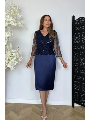 Ges Moda G1856 Boncuk ve Payet Detaylı Saten Abiye Elbise Lacivert