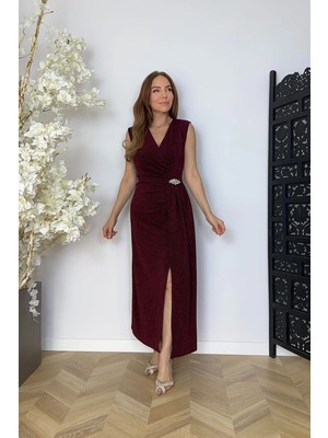 Ges Moda G1760 Taş Detaylı Kolsuz Abiye Elbise Bordo