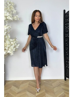 Ges Moda G1855 Taş ve Drape Detaylı Simli Abiye Elbise Lacivert