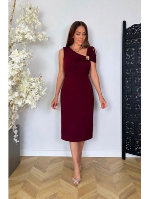 Ges Moda G1858 Yaka Detaylı Kalem Elbise Bordo