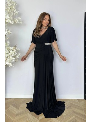 Ges Moda G1813 Taş ve Drape Detaylı Maksi Abiye Elbise Siyah