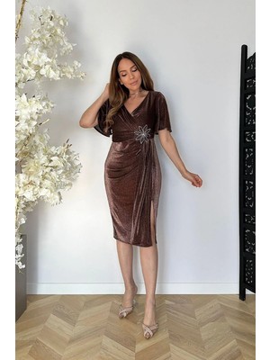 Ges Moda G1840 Taş Detaylı Simli Abiye Elbise Bronz