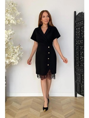 Ges Moda G1758 Dantel ve Düğme Detaylı Elbise Siyah