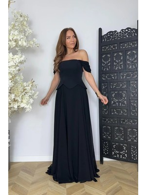 Ges Moda G1746 Tasarım Maksi Şifon Abiye Elbise Siyah