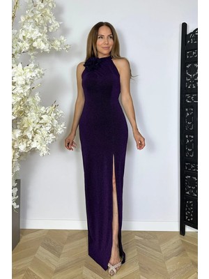 Ges Moda G1851 Çiçek Detaylı Halter Yaka Simli Abiye Elbise Mor