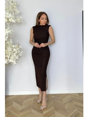 Ges Moda G1816 Drape Detaylı Simli Abiye Elbise Kahverengi