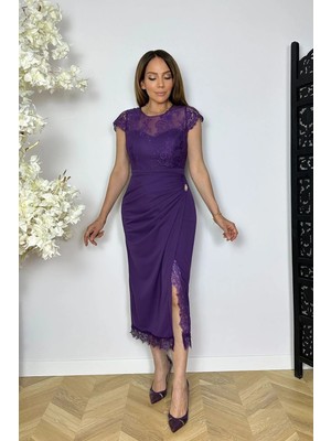Ges Moda G1830 Drape ve Dantel Detaylı Abiye Elbise Mor