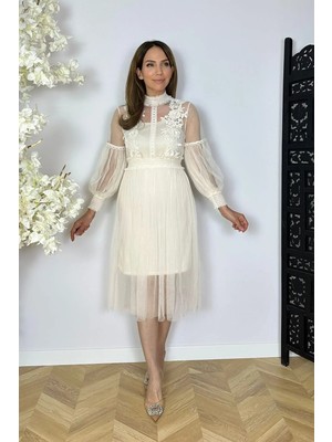 Ges Moda G1828 Güpür Detaylı Tül Tasarım Elbise Krem