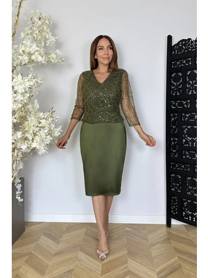 Ges Moda G1856 Boncuk ve Payet Detaylı Saten Abiye Elbise Haki