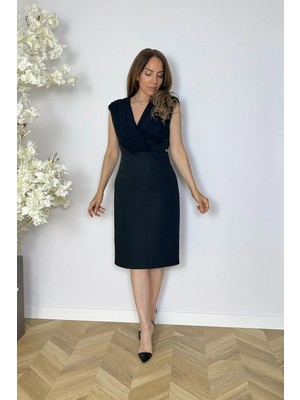 Ges Moda G1822 Şifon Detaylı Kalem Elbise Siyah