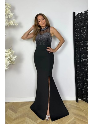 Ges Moda G1852 Puantiye ve Taş Detaylı Maksi Abiye Elbise Siyah
