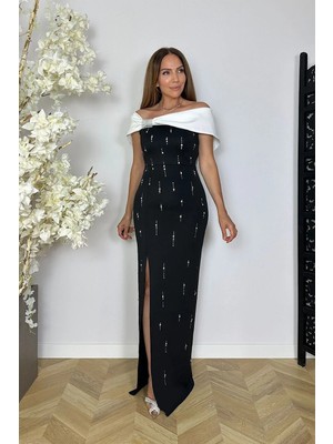 Ges Moda G1850 Yaka ve Taş Detaylı Yırtmaçlı Abiye Elbise Siyah