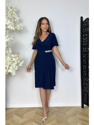 Ges Moda G1854 Taş ve Drape Detaylı Abiye Elbise Lacivert