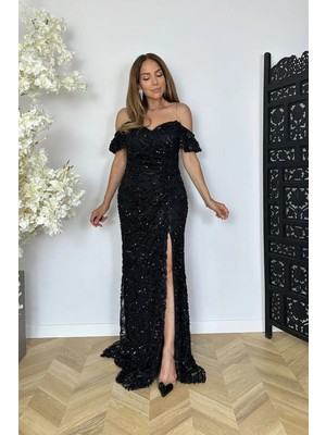 Ges Moda G1853 Madonna Yaka Payet Maksi Abiye Elbise Siyah
