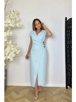 Ges Moda G1845 Broş Detaylı Tasarım Elbise Mavi