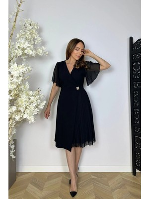 Ges Moda G1834 Şifon Kol Pilise Detaylı Elbise Siyah