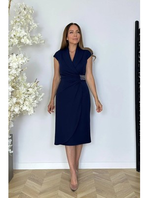 Ges Moda G1844 Drape ve Taş Detaylı Elbise Lacivert