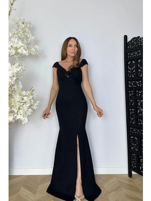 Ges Moda G1839 Taş ve Payet  Detaylı Simli Maksi Abiye Elbise Siyah
