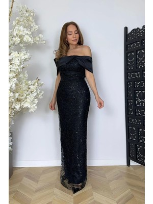 Ges Moda G1763 Saten Yaka Detaylı Taş Işlemeli Maksi Abiye Elbise Siyah