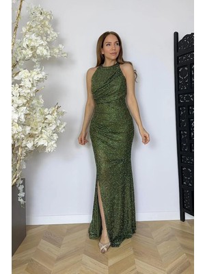 Ges Moda G1761 Halter Yaka Boncuk Işlemeli Maksi Abiye Elbise Haki