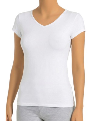 Öts Kadın Pamuklu T-Shirt Yarım Kollu V Yaka Modern ve Rahat (3602)