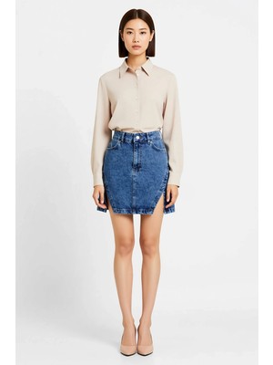 Benerly Kadın Mini Denim Etek Yüksek Bel A-Line Kesim Yırtmaçlı Detaylı %100 Pamuk Günlük Rahat Modern Şık