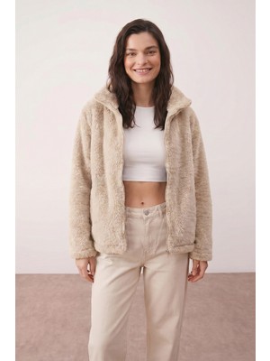 Purpleclo Kadın Oversize Fermuarlı Teddy Peluş Hırka