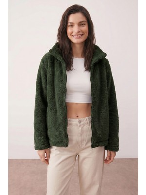 Purpleclo Kadın Oversize Fermuarlı Teddy Peluş Hırka