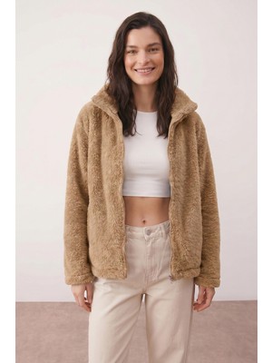 Purpleclo Kadın Oversize Fermuarlı Teddy Peluş Hırka