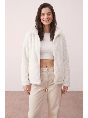 Purpleclo Kadın Oversize Fermuarlı Teddy Peluş Hırka