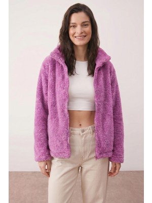 Purpleclo Kadın Oversize Fermuarlı Teddy Peluş Hırka