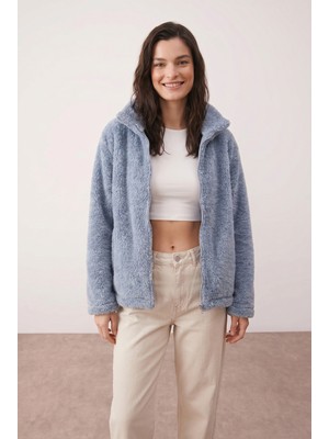 Purpleclo Kadın Oversize Fermuarlı Teddy Peluş Hırka